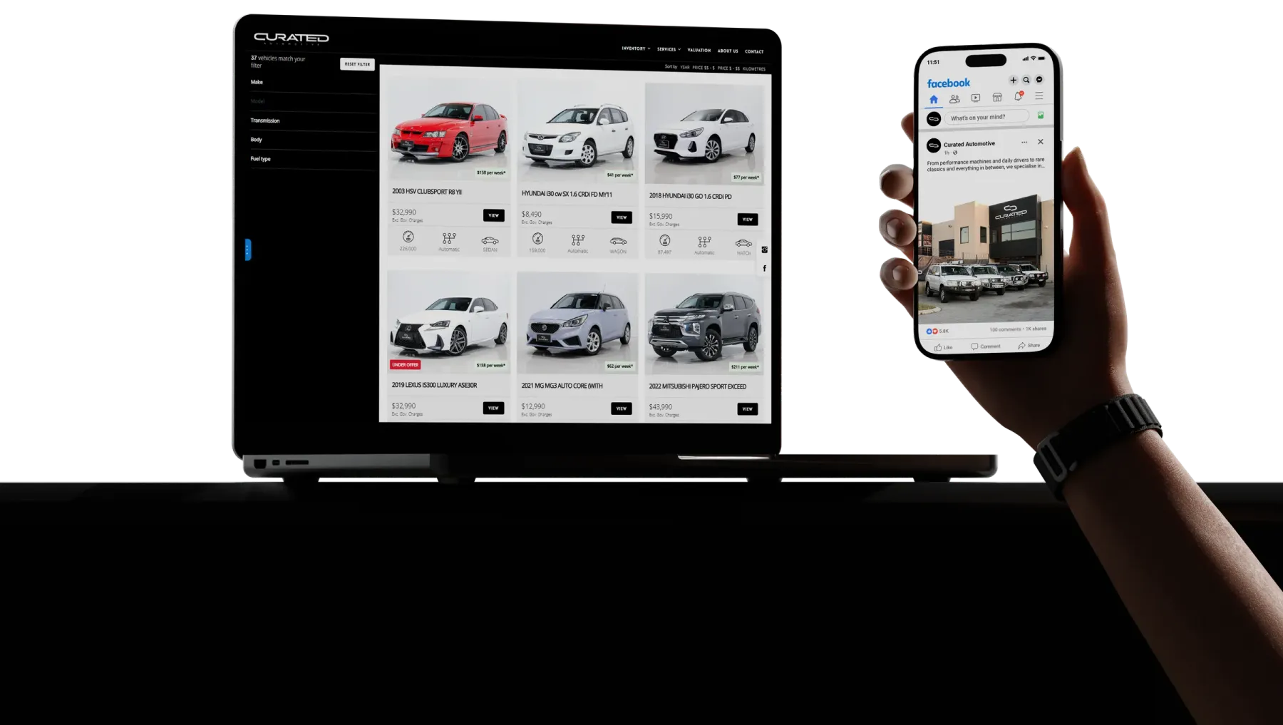 The Curated Automotive website open on a laptop, beside a phone showing a Meta ad for the same dealership