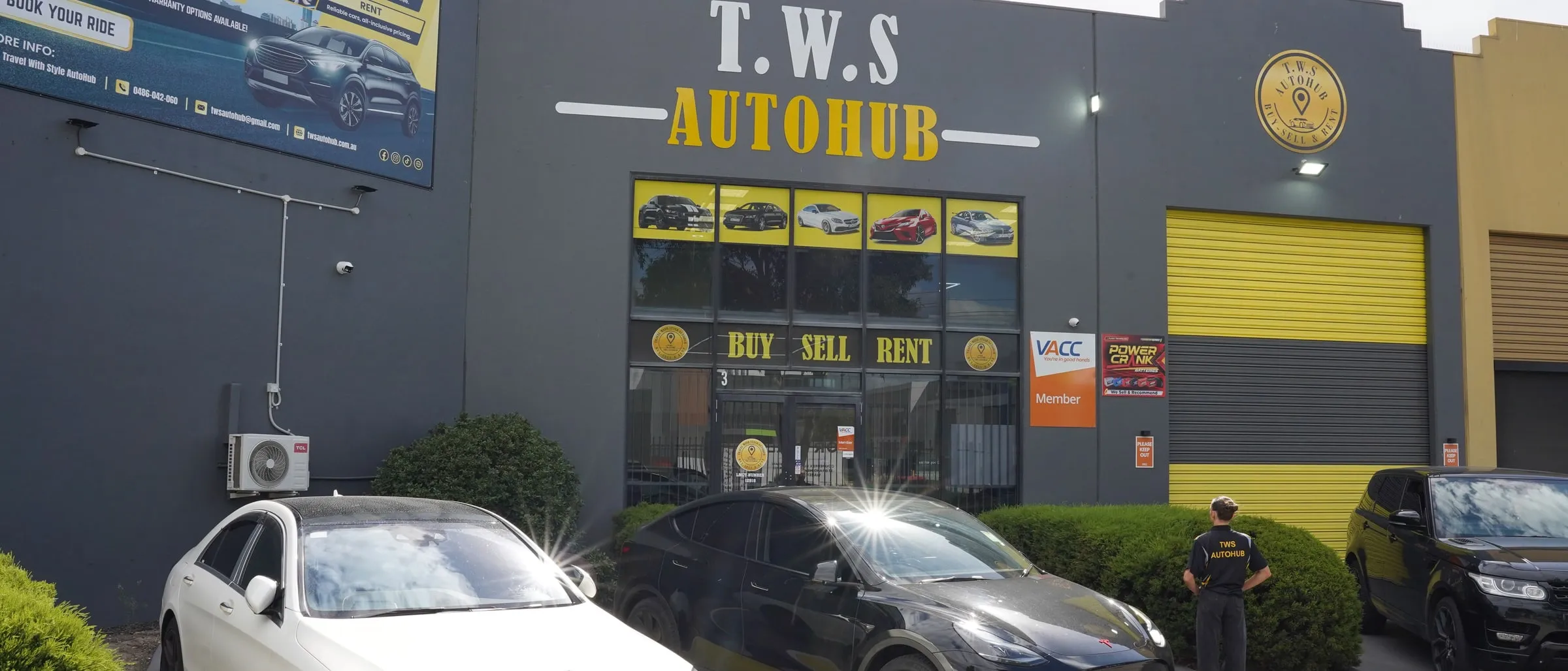 Cars on the forecourt of TWS AutoHub, a Melbourne dealership