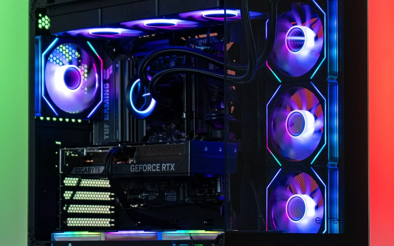 A custom gaming PC build lit up for a product shoot