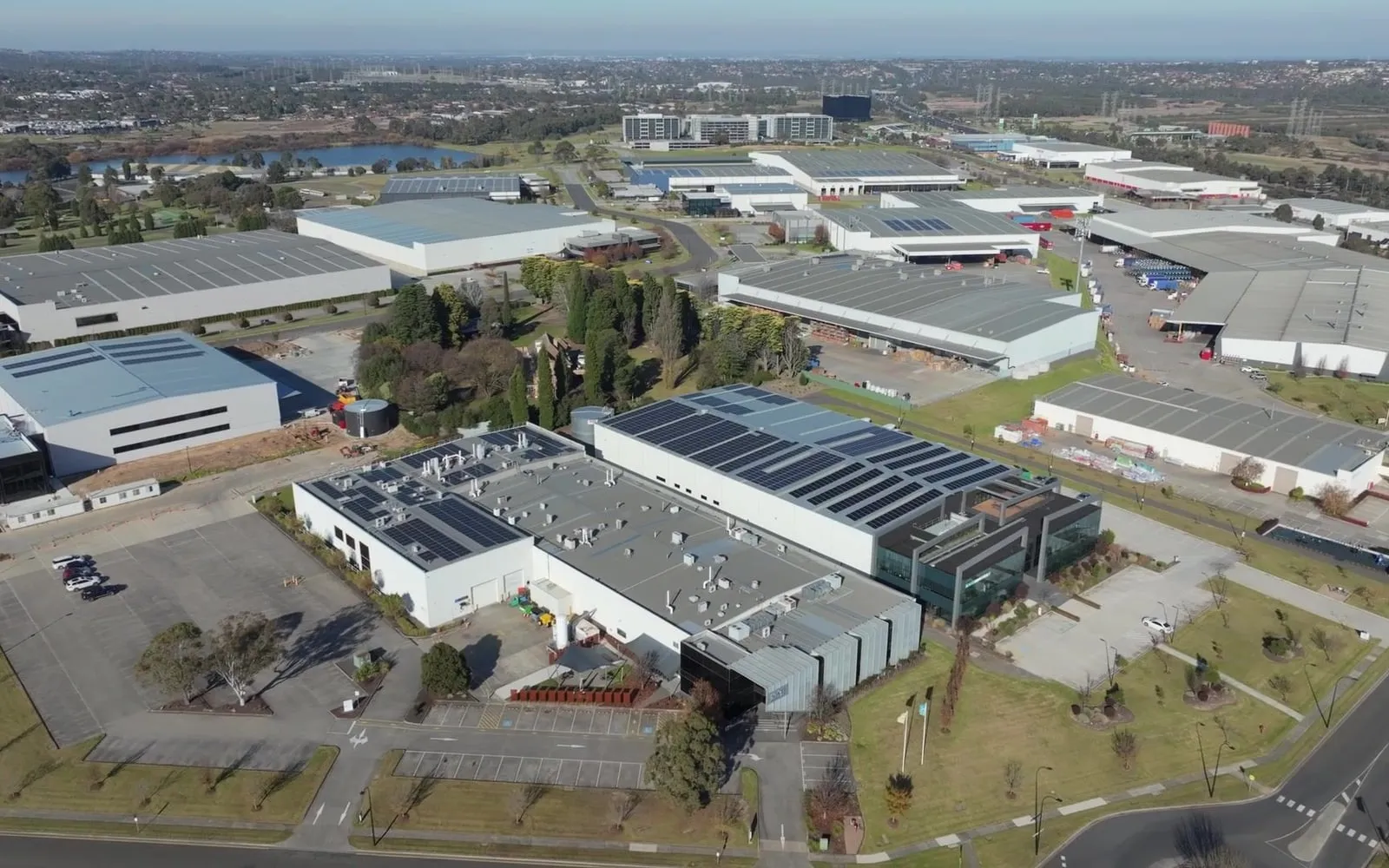 Aerial view of commercial and industrial buildings